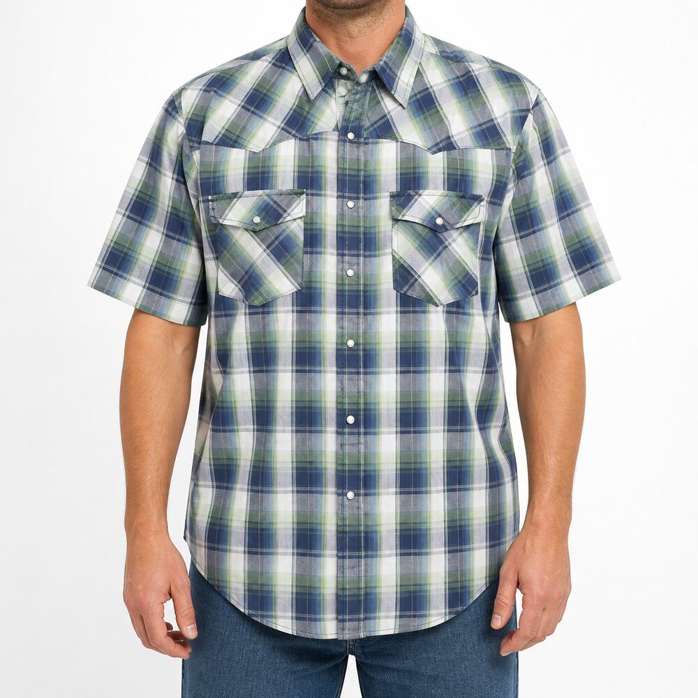 Canyon Guide Shirt Mens XL Blue White Western Pearl Snap Plaid Cotton Pockets